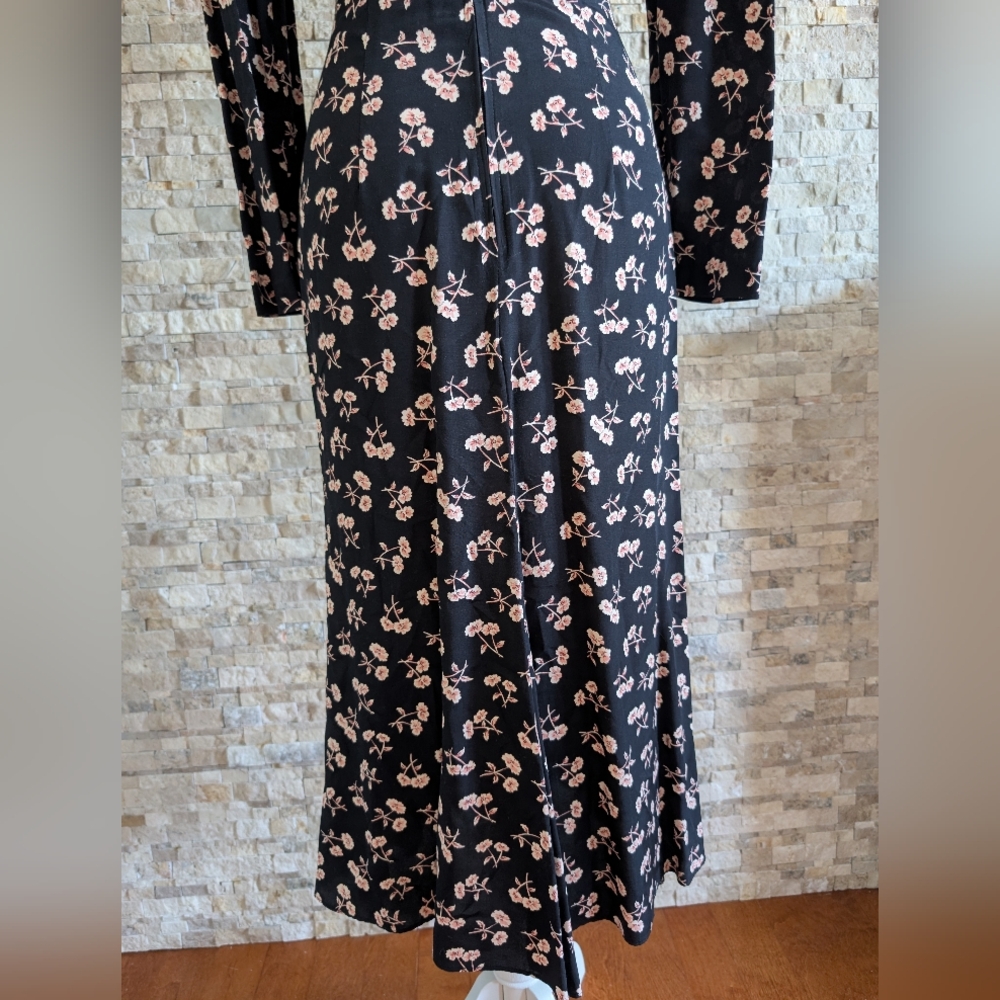 Vintage 90s Black Floral Dress Shoulder Pads Ruffle Slit Button Detail Sz 2 image 9